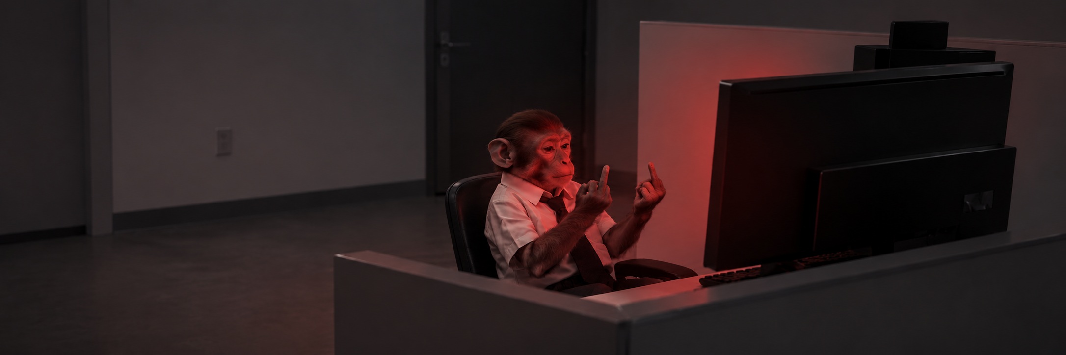 Office monkey at a desk lit by a faint red monitor glow